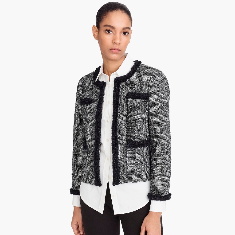 J.Crew Glen Plaid Tweed Collarless Lady Jacket With Braided Trim